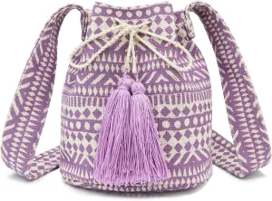 Canvas Crossbody Bags for Women, Tassels Drawstring Bucket Bag, Bohemian Handbag, Purple Tote Bag Large Capacity Travel Shoulder Bag for Vacation Travel Daily Matching