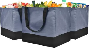 Canvas Reusable Grocery Bags Heavy Duty, 8.3 gal Foldable Large Canvas Tote Bag with Handles, Holds 60 lbs Canvas Shopping Bags & Washable Eco-friendly Bags with 5 Pockets, Denim blue Black 3 Bags