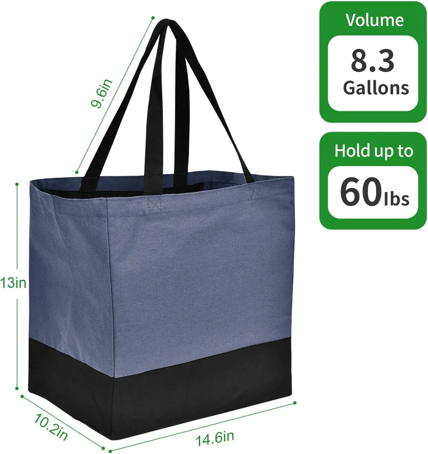Canvas Reusable Grocery Bags Heavy Duty, 8.3 gal Foldable Large Canvas Tote Bag with Handles, Holds 60 lbs Canvas Shopping Bags & Washable Eco-friendly Bags with 5 Pockets, Denim blue Black 3 Bags