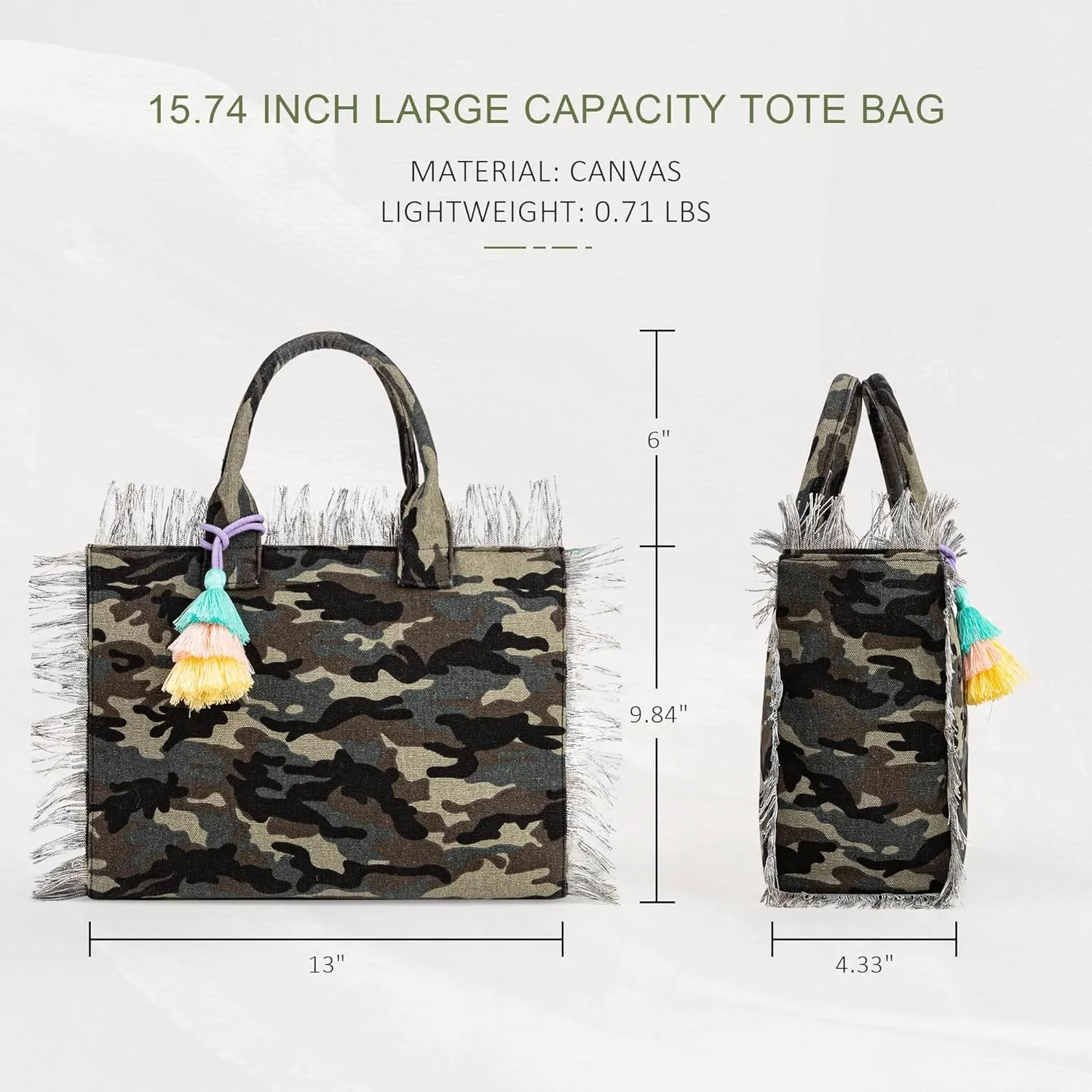 Canvas Tote Bag for Women with Tassel, Shoulder Bag Top Handle handbag with Zipper Closure for Work Travel Beach Gym Shopping