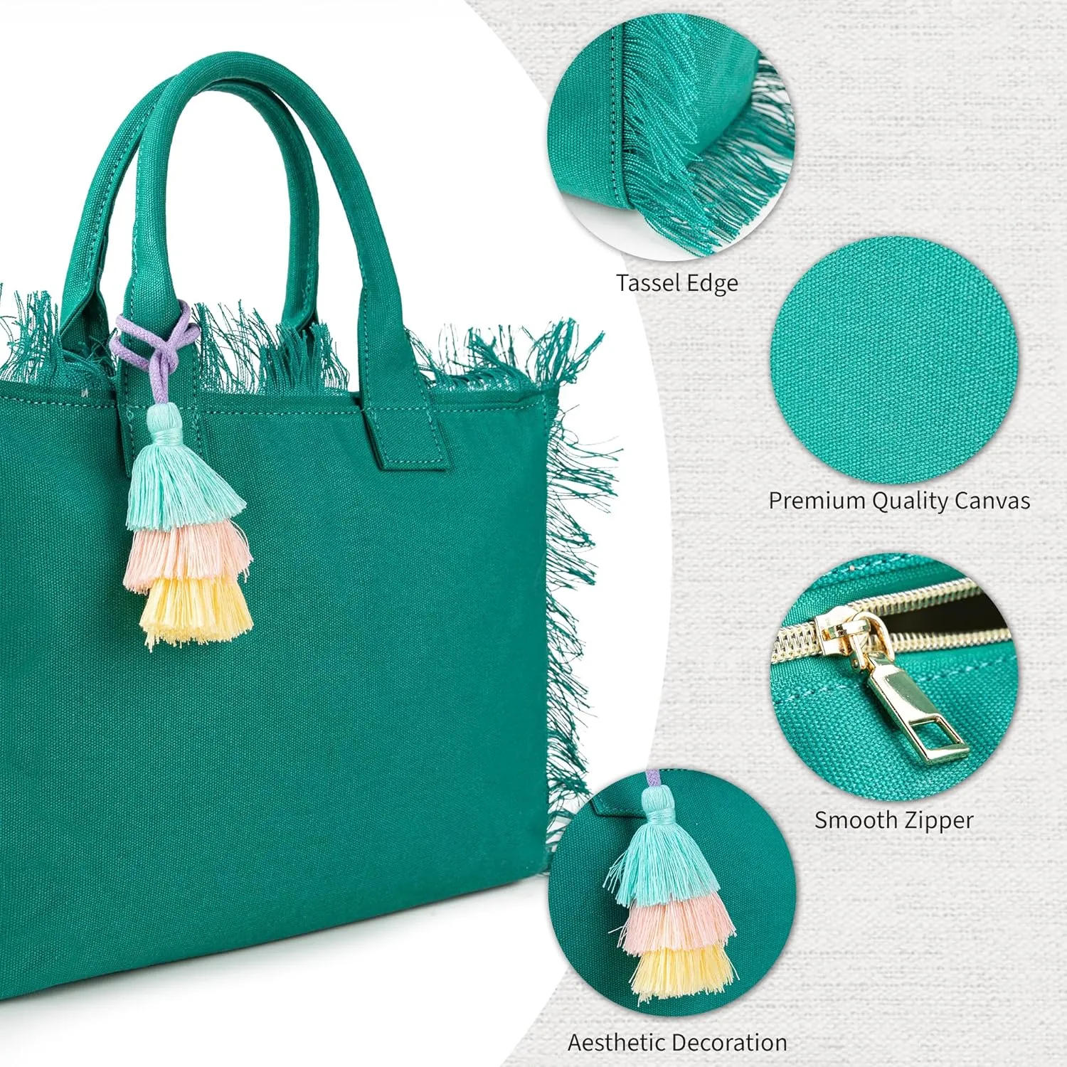 Canvas Tote Bag for Women with Tassel, Shoulder Bag Top Handle handbag with Zipper Closure for Work Travel Beach Gym Shopping