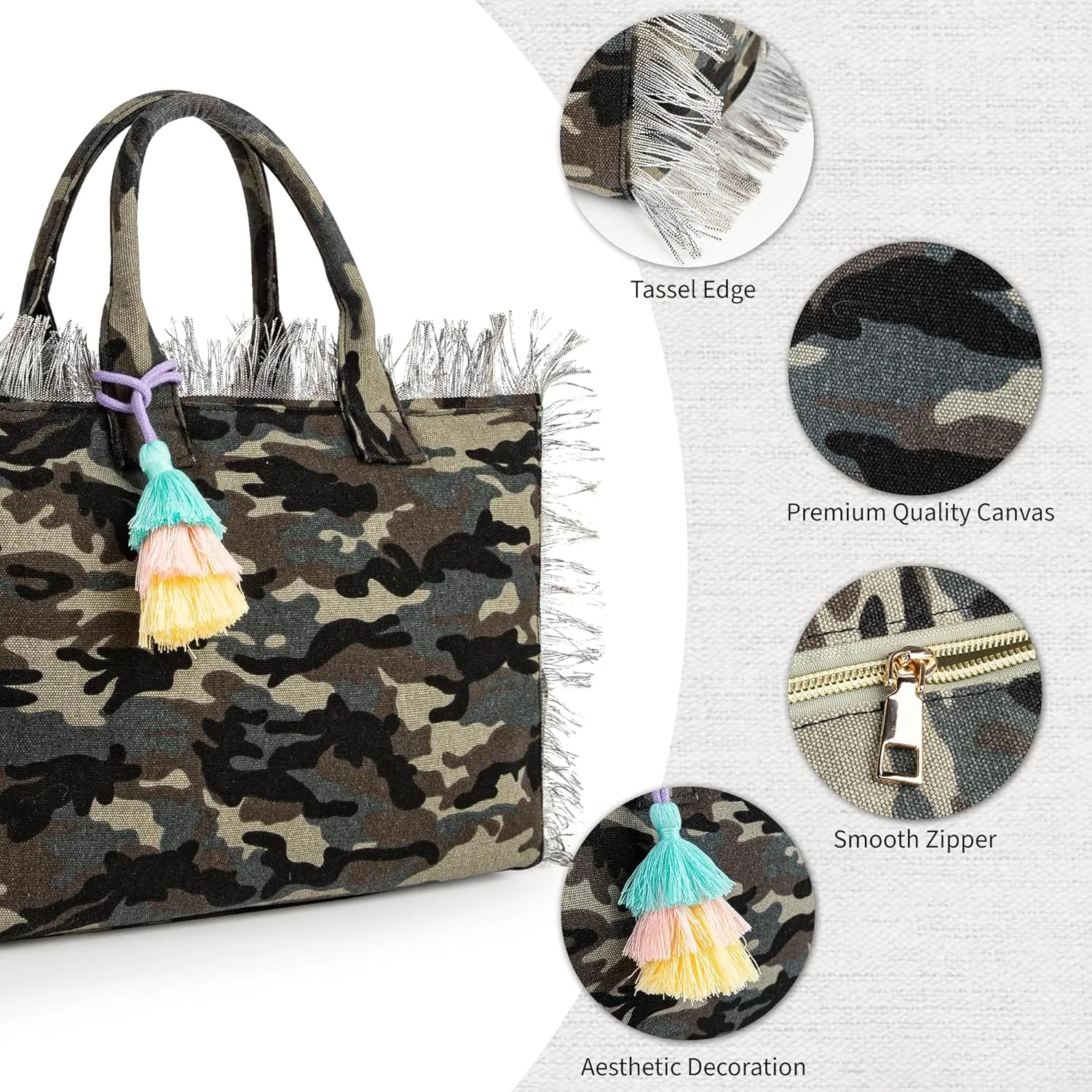 Canvas Tote Bag for Women with Tassel, Shoulder Bag Top Handle handbag with Zipper Closure for Work Travel Beach Gym Shopping