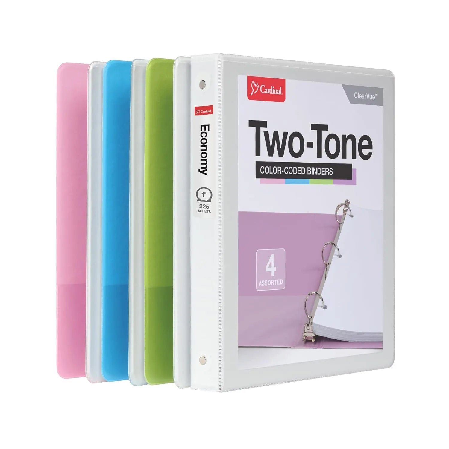 Cardinal 3 Ring Binders, Binders for School and Office, Durable 1 Inch, Round Rings, Holds 225 Sheets, ClearVue Presentation View, Non-Stick, Two-Tone Pastel Interiors, 4 Pack (1002479)