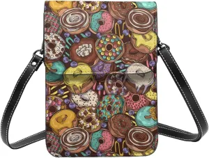 Cartoon hand-drawn donuts colorful Crossbody Cell Phone Purse for Women Girls Leather Mini Cross Body Bags Small Shoulder Bags