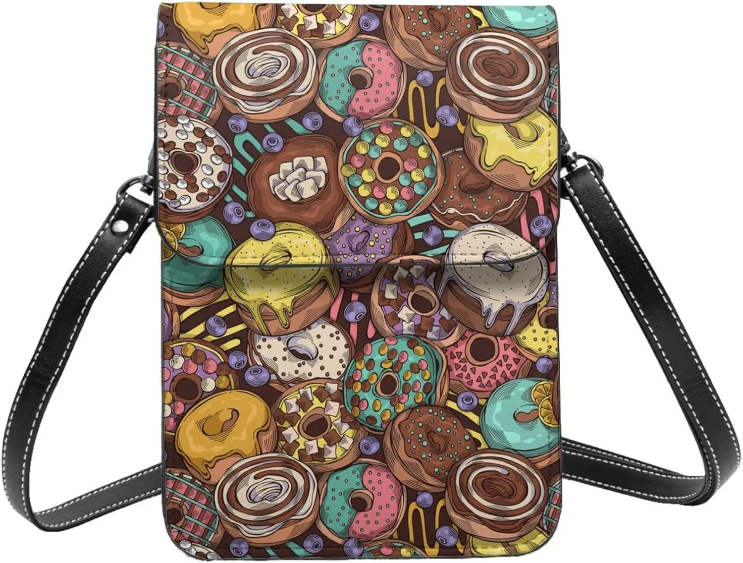 Cartoon hand-drawn donuts colorful Crossbody Cell Phone Purse for Women Girls Leather Mini Cross Body Bags Small Shoulder Bags