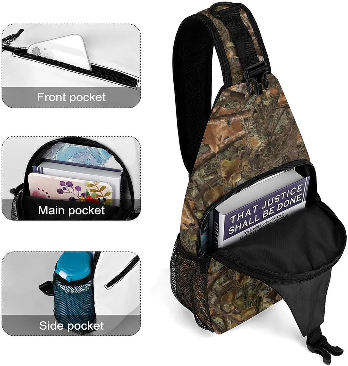Casual Sling Backpack, Rope Bag, for Hunting Trees Camo Military Army Camouflage Shoulder Crossbody Bag Chest Pack, Bookbag, Gym Bags Sack Daypack Outdoor Backpack for Man Women Lady s
