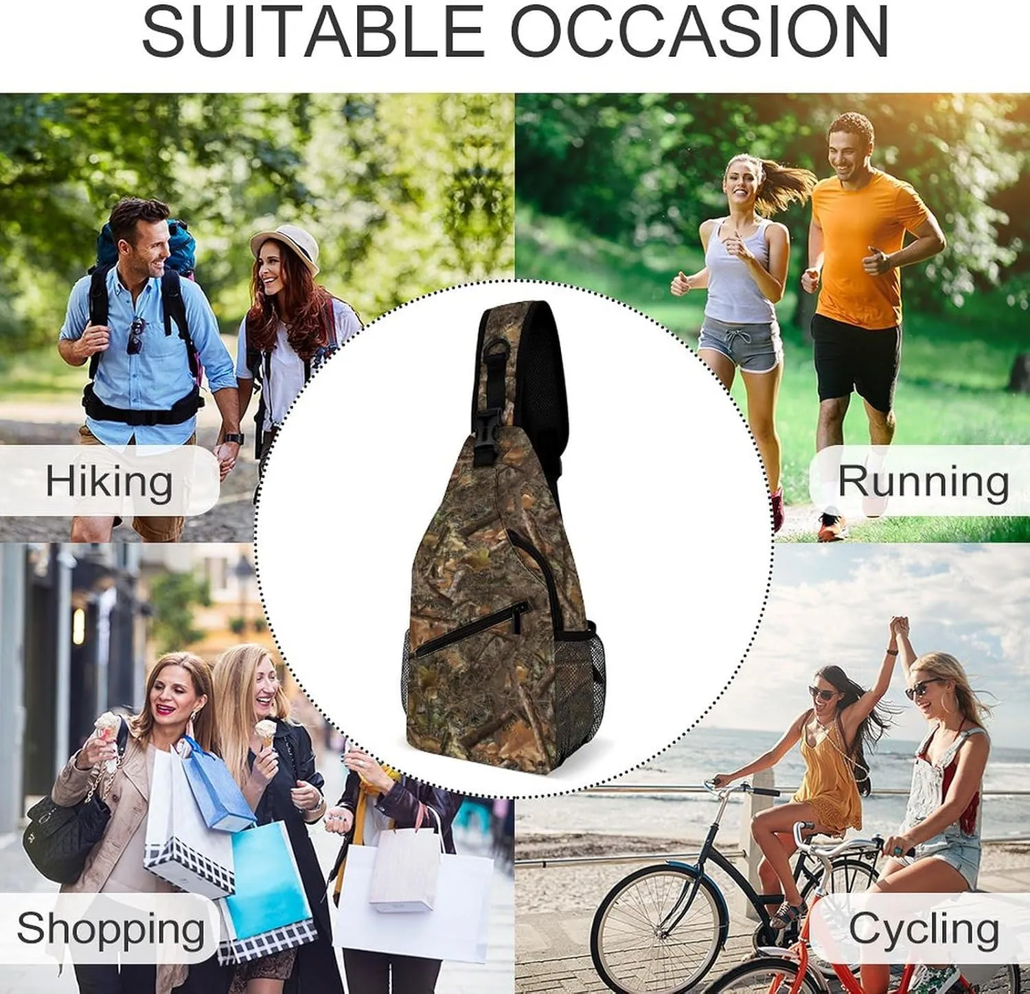 Casual Sling Backpack, Rope Bag, for Hunting Trees Camo Military Army Camouflage Shoulder Crossbody Bag Chest Pack, Bookbag, Gym Bags Sack Daypack Outdoor Backpack for Man Women Lady s