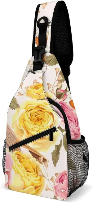 Casual Sling Backpack Sparrows-rose-print Chest Bags Crossbody Sling Bag Travel Hiking Daypack Shoulder Bag for Women Men