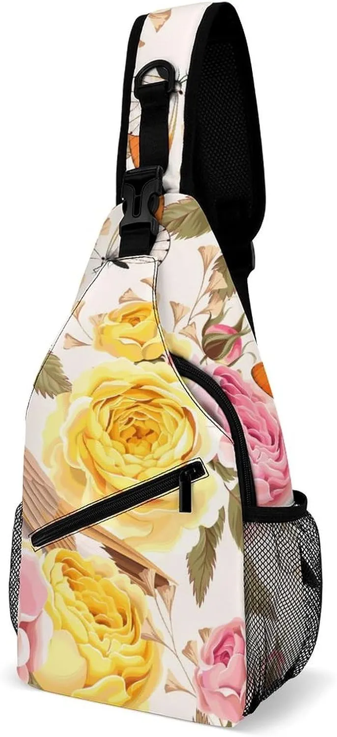 Casual Sling Backpack Sparrows-rose-print Chest Bags Crossbody Sling Bag Travel Hiking Daypack Shoulder Bag for Women Men