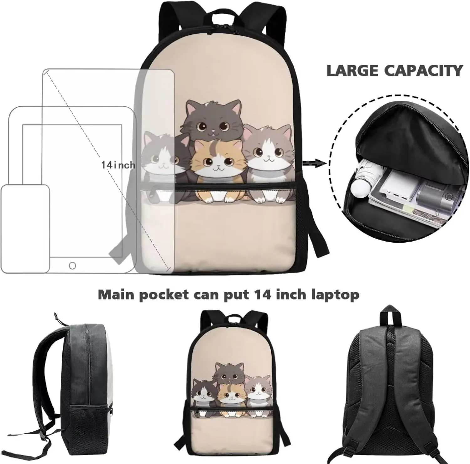 Cat Backpack for Girls Age 8-10 14-16 Kids School Backpacks Elementary Bookbag Kindergarten Preschool Schoolbag Teen School Backpack Daypack Travel Hiking Rucksack