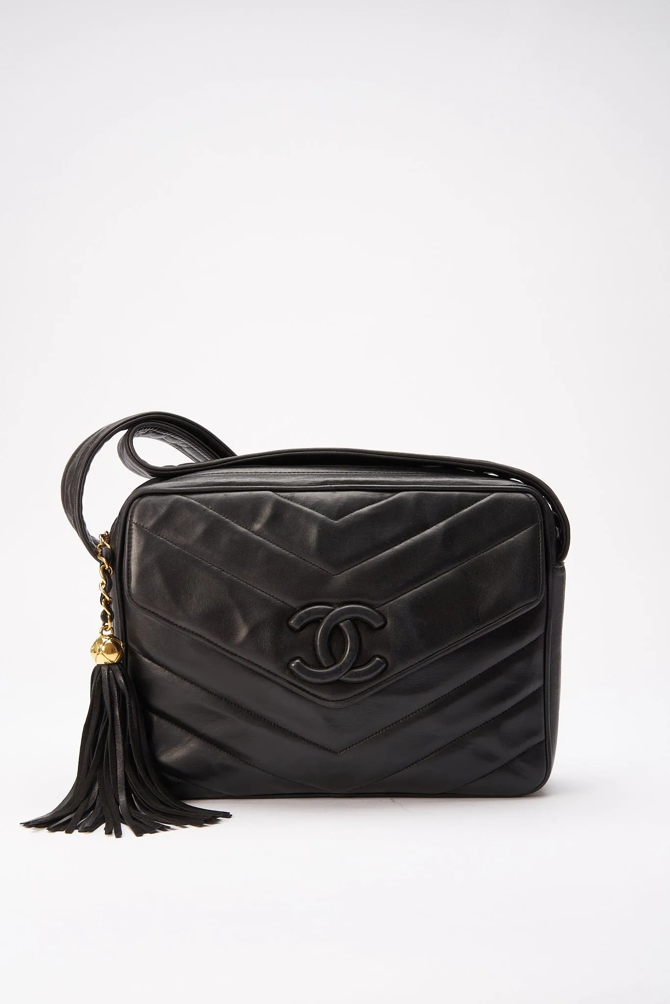 Chanel Quilted Chevron All Black Camera Crossbody Bag