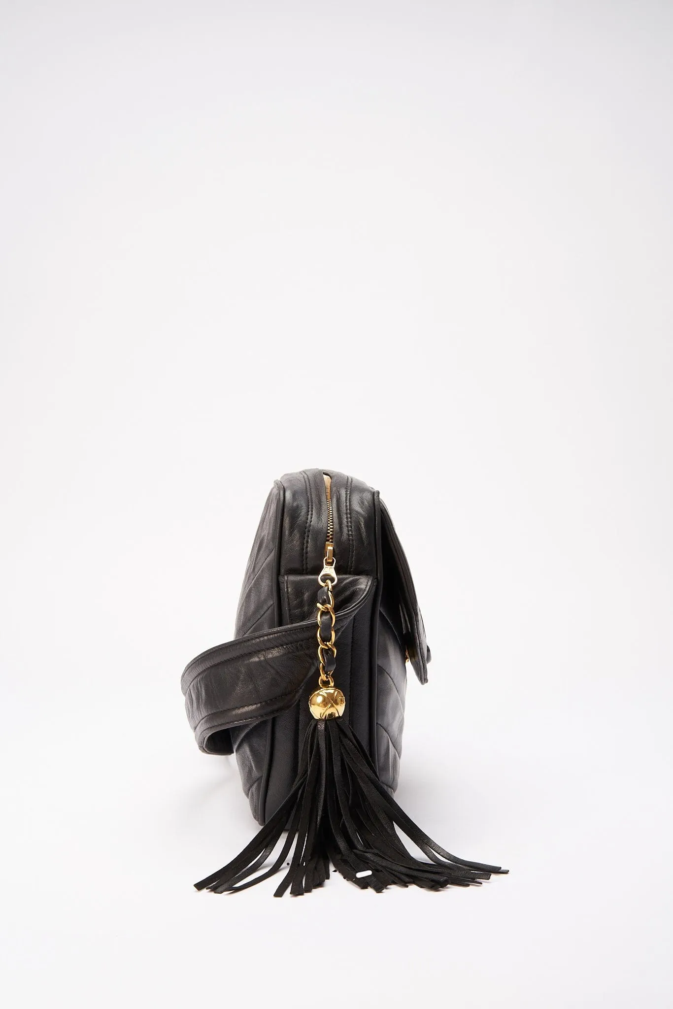 Chanel Quilted Chevron All Black Camera Crossbody Bag
