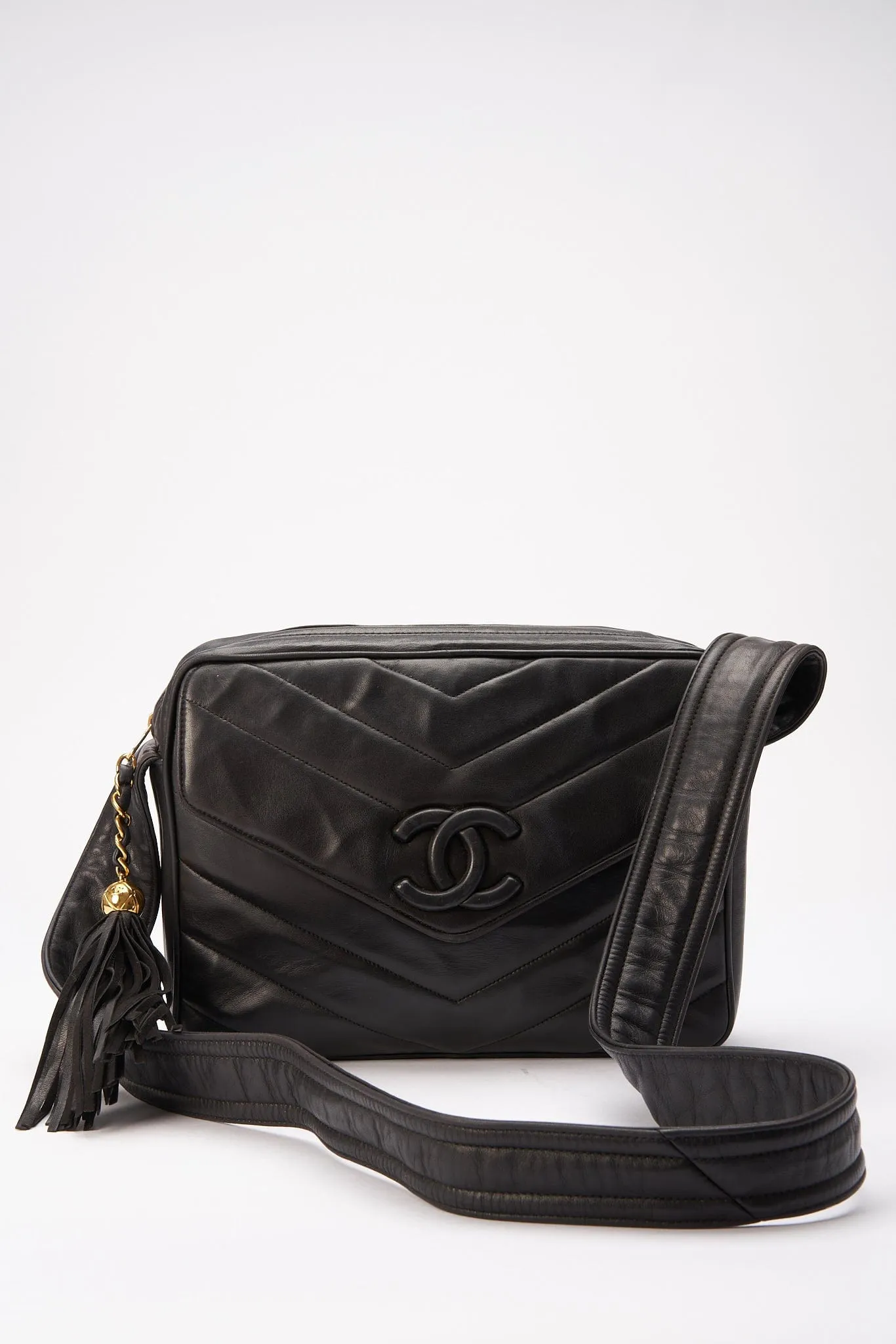 Chanel Quilted Chevron All Black Camera Crossbody Bag