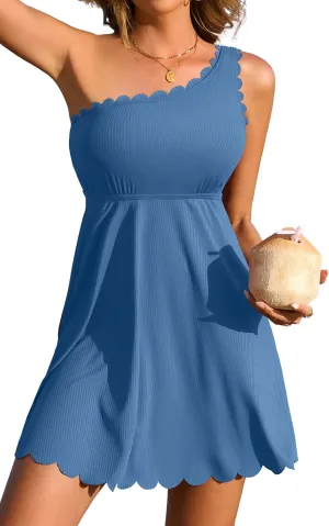 Charmo Ribbed One Shoulder Swim Dress Scalloped Tummy Control Swimsuits for Women Swimwear Built-in Side Tie and Briefs
