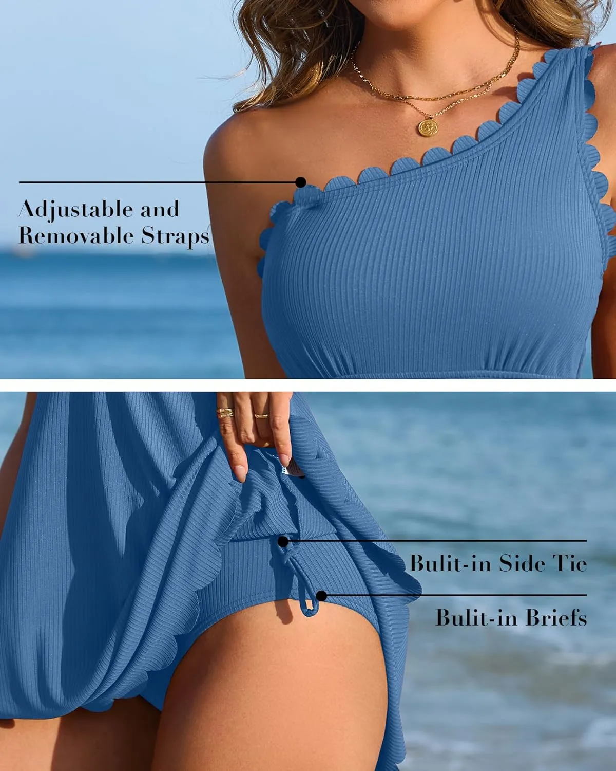 Charmo Ribbed One Shoulder Swim Dress Scalloped Tummy Control Swimsuits for Women Swimwear Built-in Side Tie and Briefs