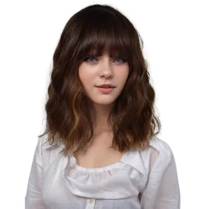 Chestnut Brown with Light Brown Wig With Bangs Synthetic Wigs Shoulder Length Bob Wigs Heat Resistant Wigs for Women 14 Inch