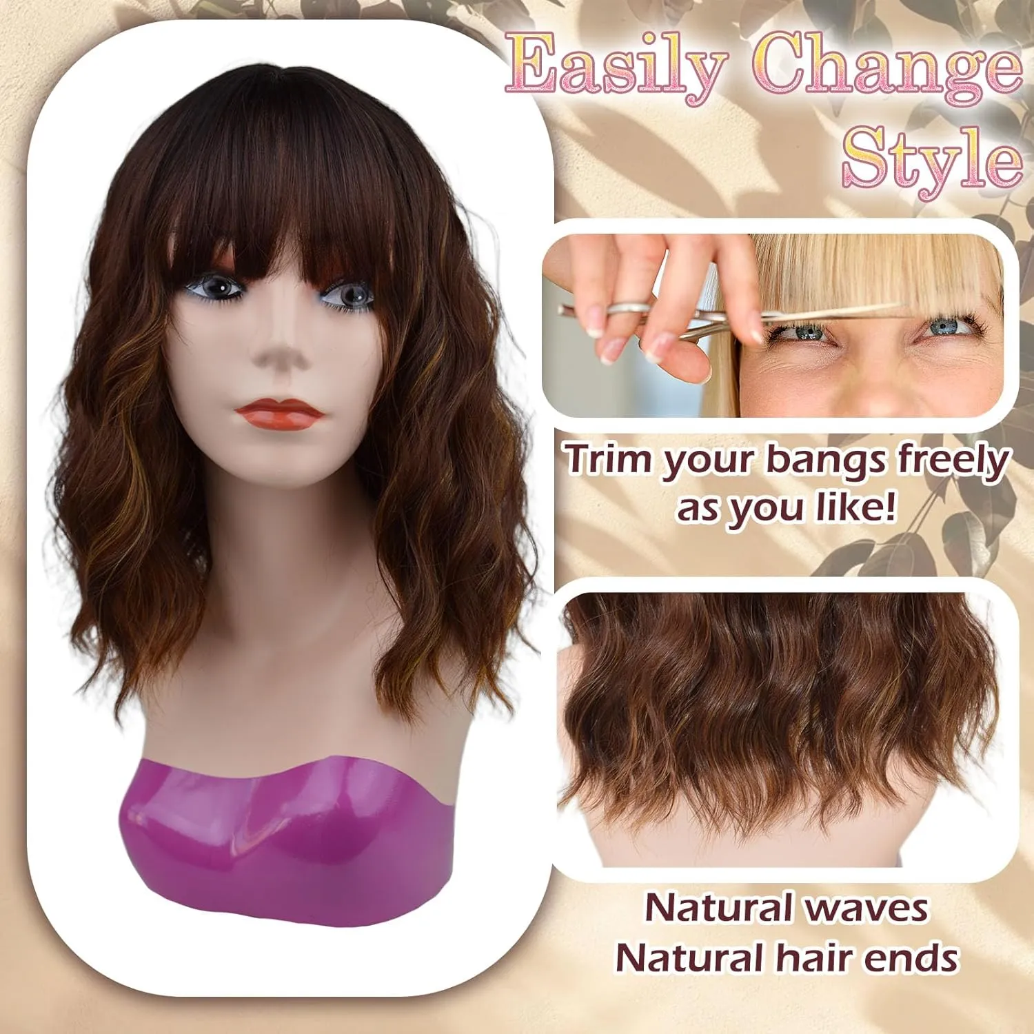 Chestnut Brown with Light Brown Wig With Bangs Synthetic Wigs Shoulder Length Bob Wigs Heat Resistant Wigs for Women 14 Inch