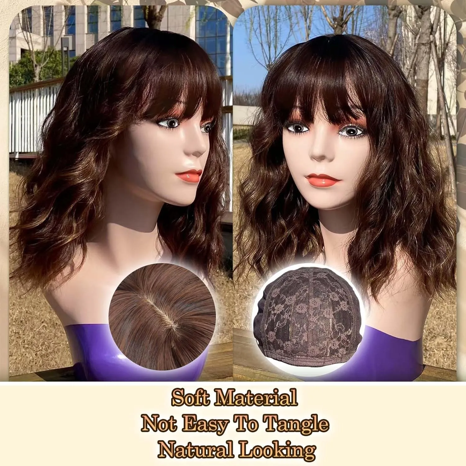 Chestnut Brown with Light Brown Wig With Bangs Synthetic Wigs Shoulder Length Bob Wigs Heat Resistant Wigs for Women 14 Inch