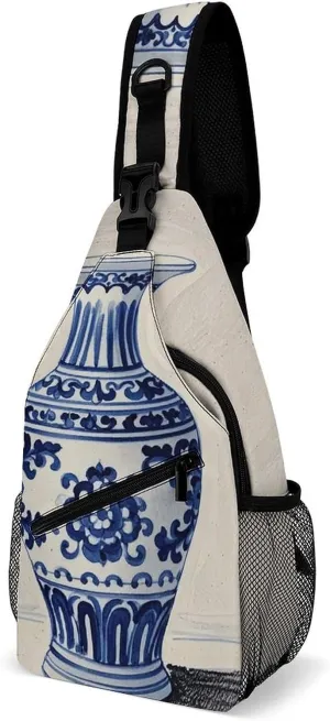 Chinese Blue Porcelain Vase Sling Bag for Men Women Crossbody Shoulder Backpack Chest Bag Travel Hiking Daypack
