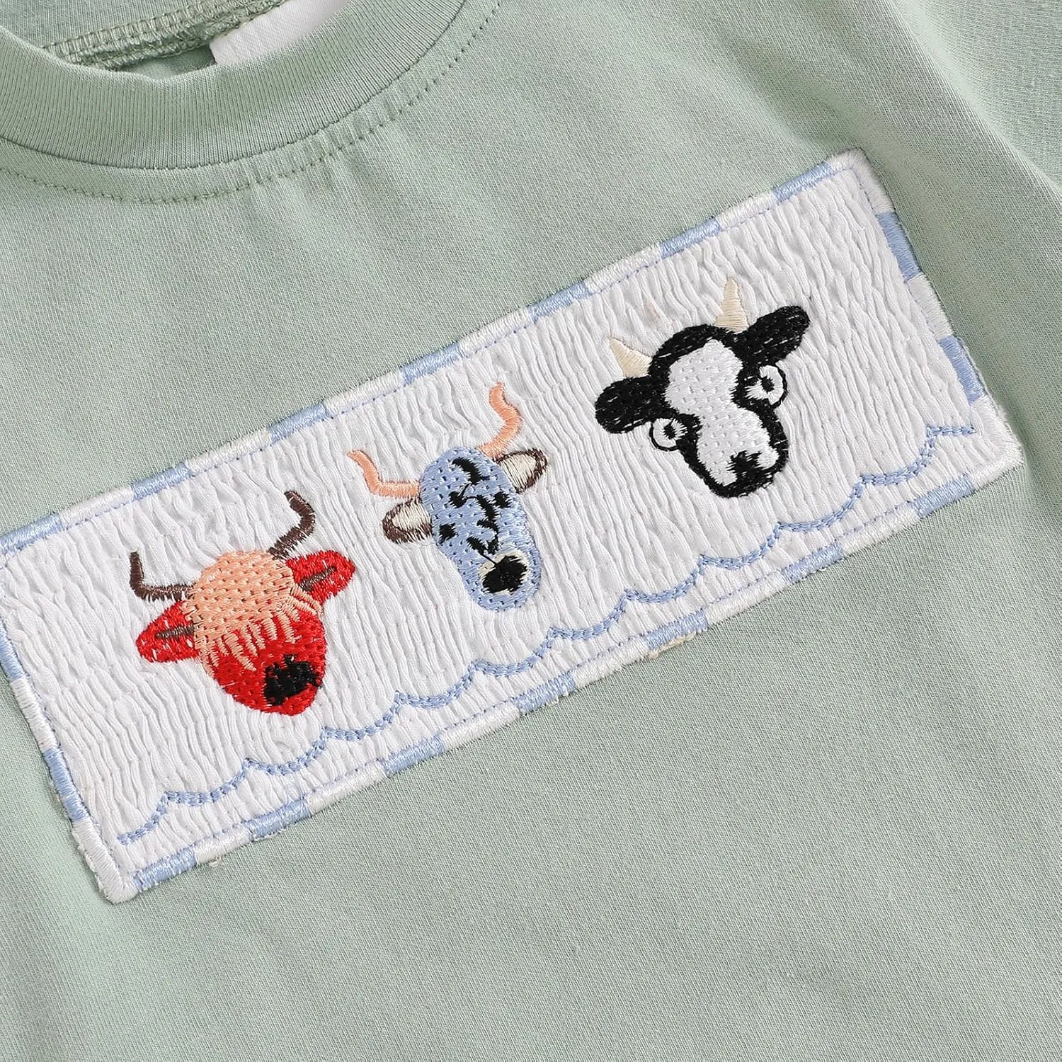 Chloefairy Western Baby Boy Summer Clothes Cow Head Embroidery T-shirt Top Plaid Shorts Set Toddler Country Cowboy Outfit