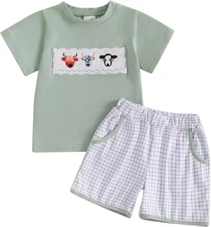 Chloefairy Western Baby Boy Summer Clothes Cow Head Embroidery T-shirt Top Plaid Shorts Set Toddler Country Cowboy Outfit