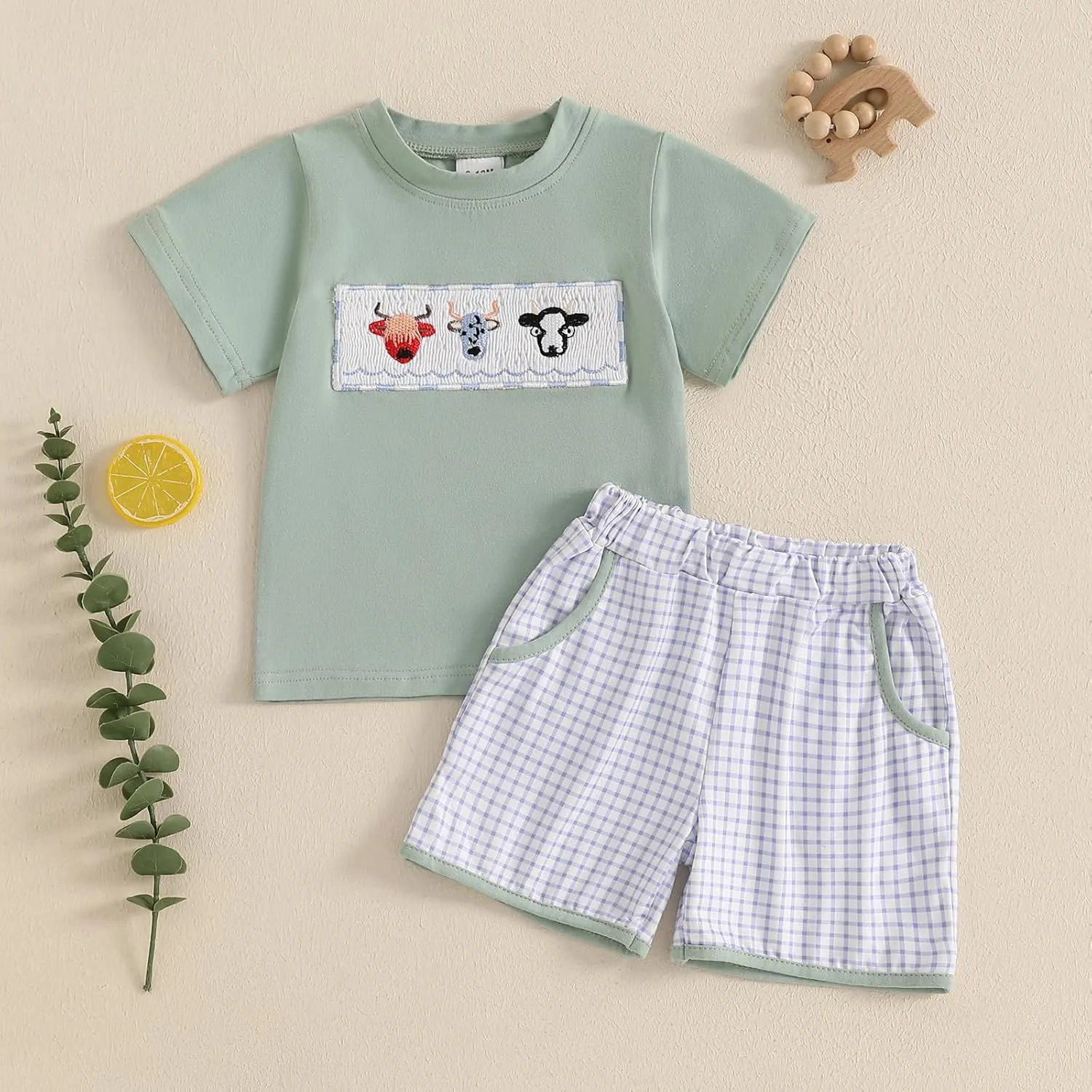 Chloefairy Western Baby Boy Summer Clothes Cow Head Embroidery T-shirt Top Plaid Shorts Set Toddler Country Cowboy Outfit