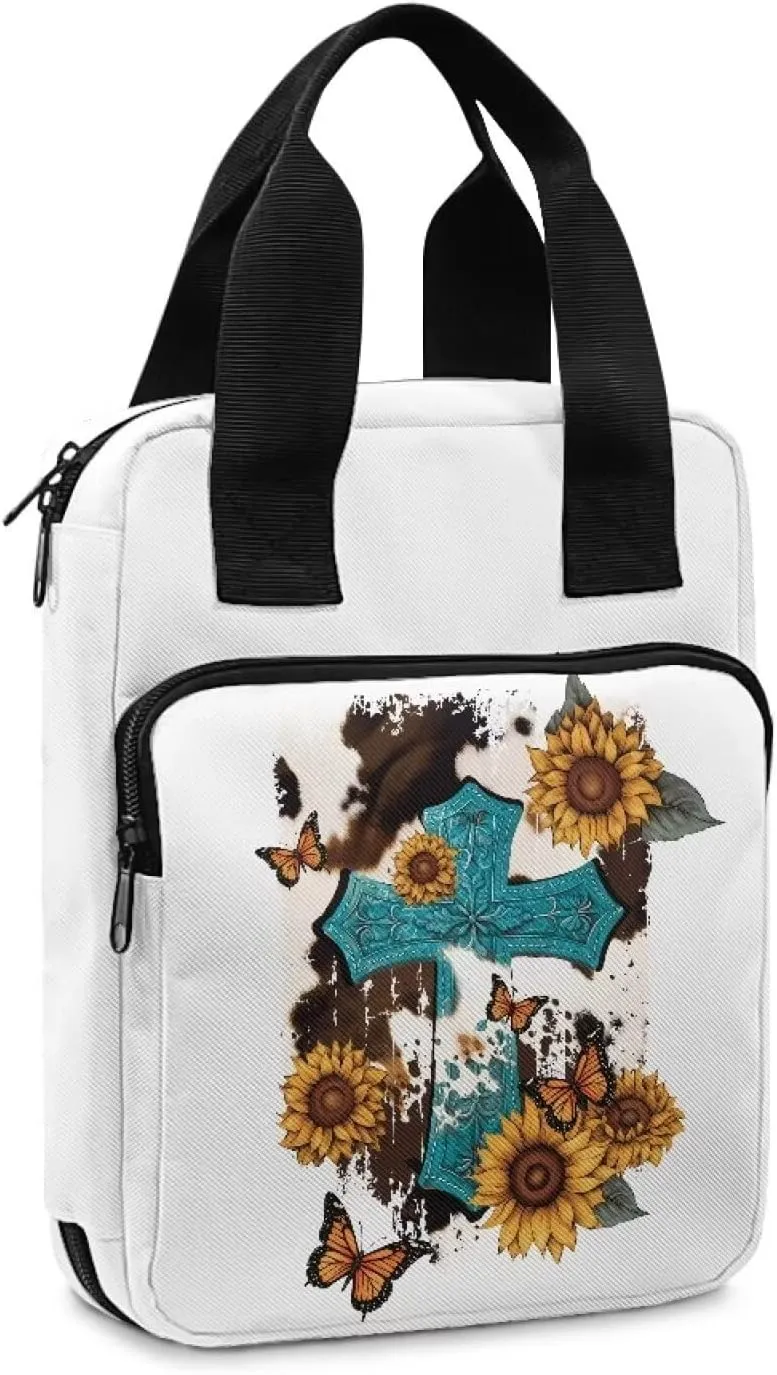 Christian Print Bible Cover,Polyester Bible Case for Women,Cross Floral Print Bible Bag Bible Case with Top Handle