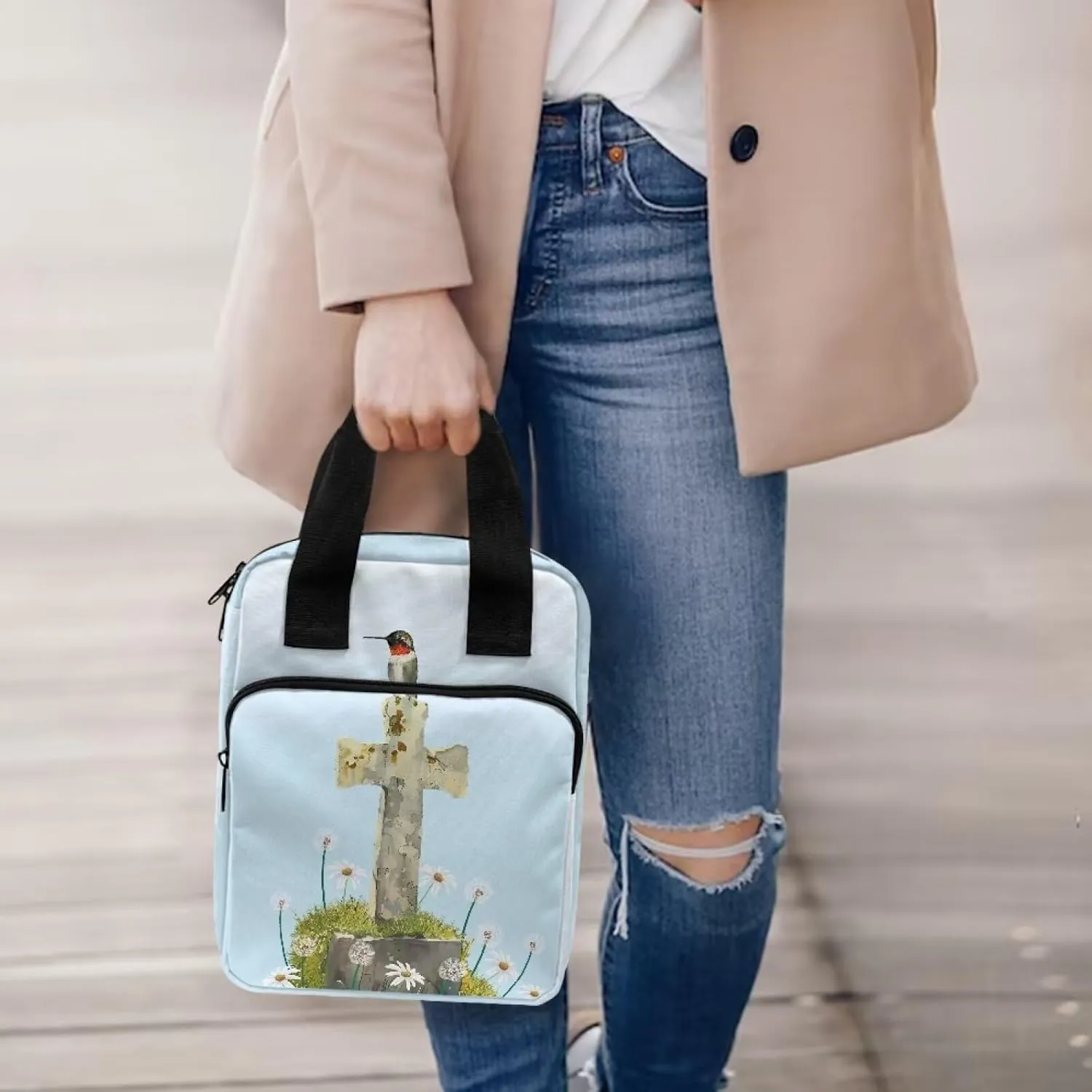 Christian Print Bible Cover,Polyester Bible Case for Women,Cross Floral Print Bible Bag Bible Case with Top Handle