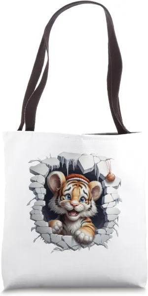 Christmas Animal Break Through - Cute Tiger - Funny Tote Bag