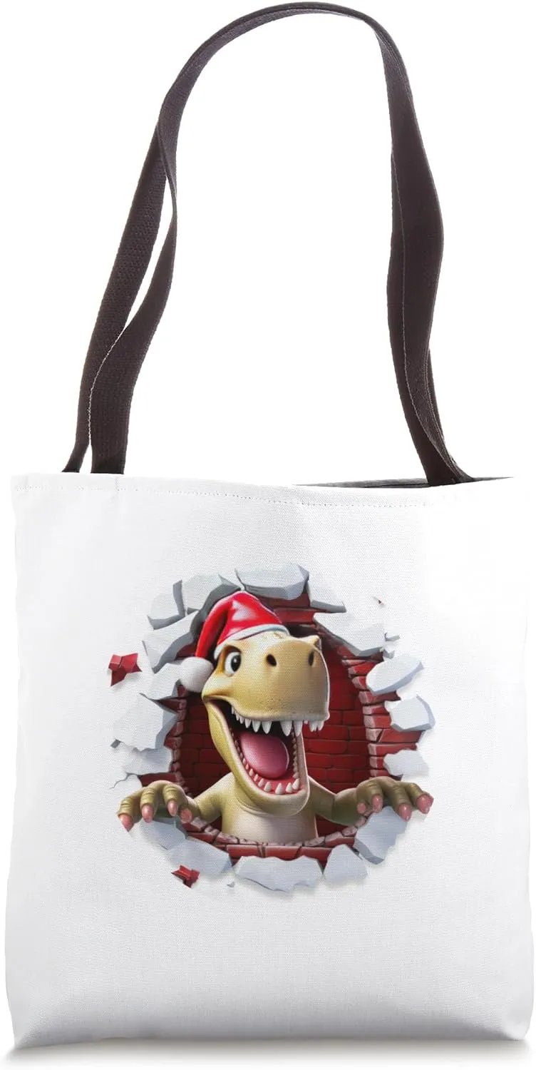Christmas Break Through - Cute Dinosaur Coming Out Of Hole Tote Bag