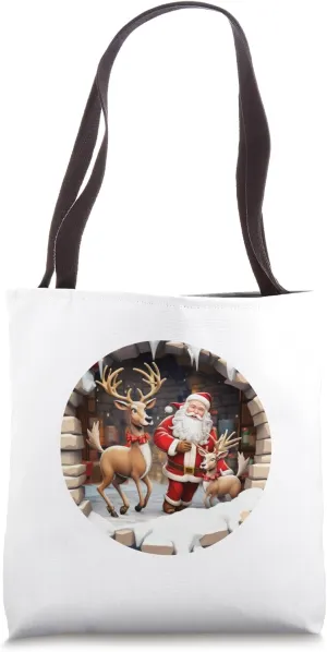 Christmas Break Through Santa & Reindeer Coming Out Of Hole Tote Bag