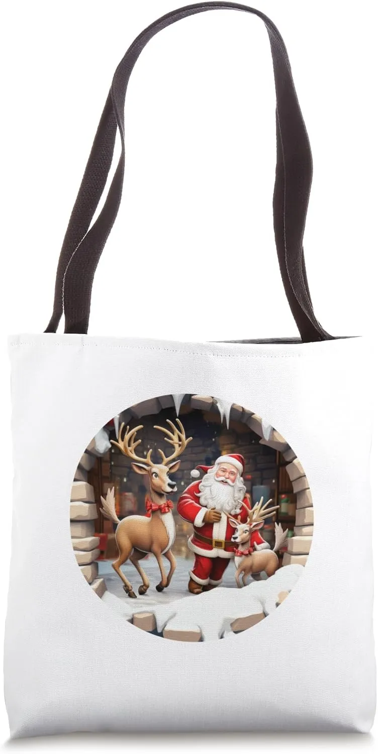 Christmas Break Through Santa & Reindeer Coming Out Of Hole Tote Bag