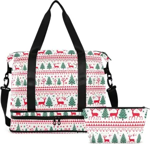 Christmas Deers Pine Trees Gym Bag for Women & Men,Duffel Bag with Shoe Pocket,Weekender Overnight Bag with Trolley Sleeve for Travel 21215142