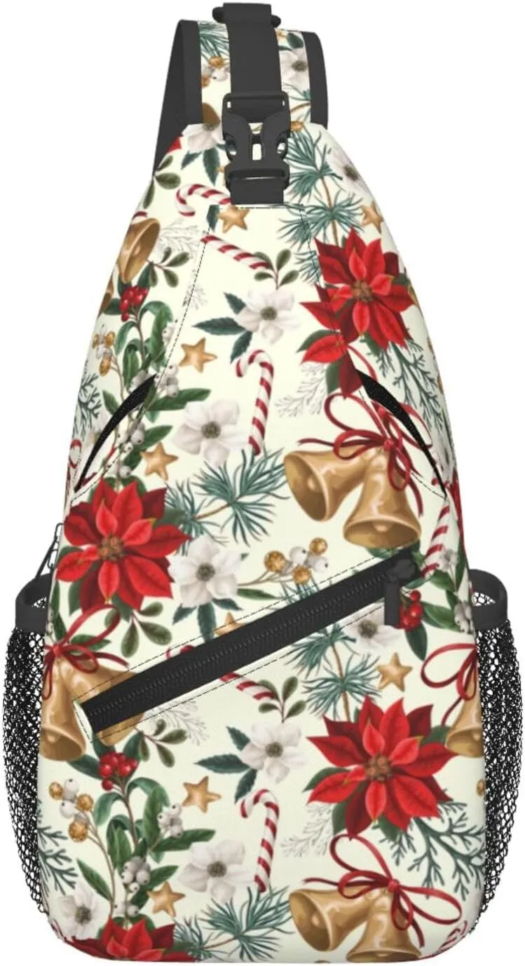 Christmas Flowers And Bells Sling Backpack Chest Bag Crossbody Shoulder Bag Gym Cycling Travel Hiking Daypack For Men Women