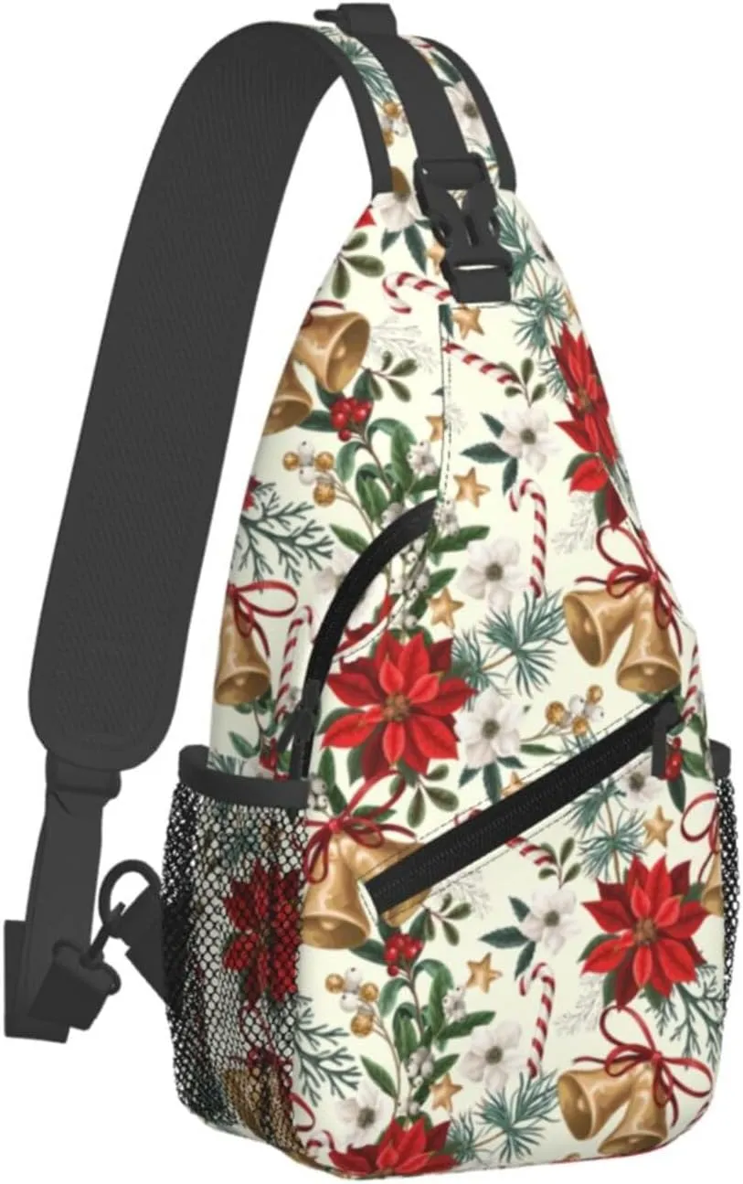 Christmas Flowers And Bells Sling Backpack Chest Bag Crossbody Shoulder Bag Gym Cycling Travel Hiking Daypack For Men Women