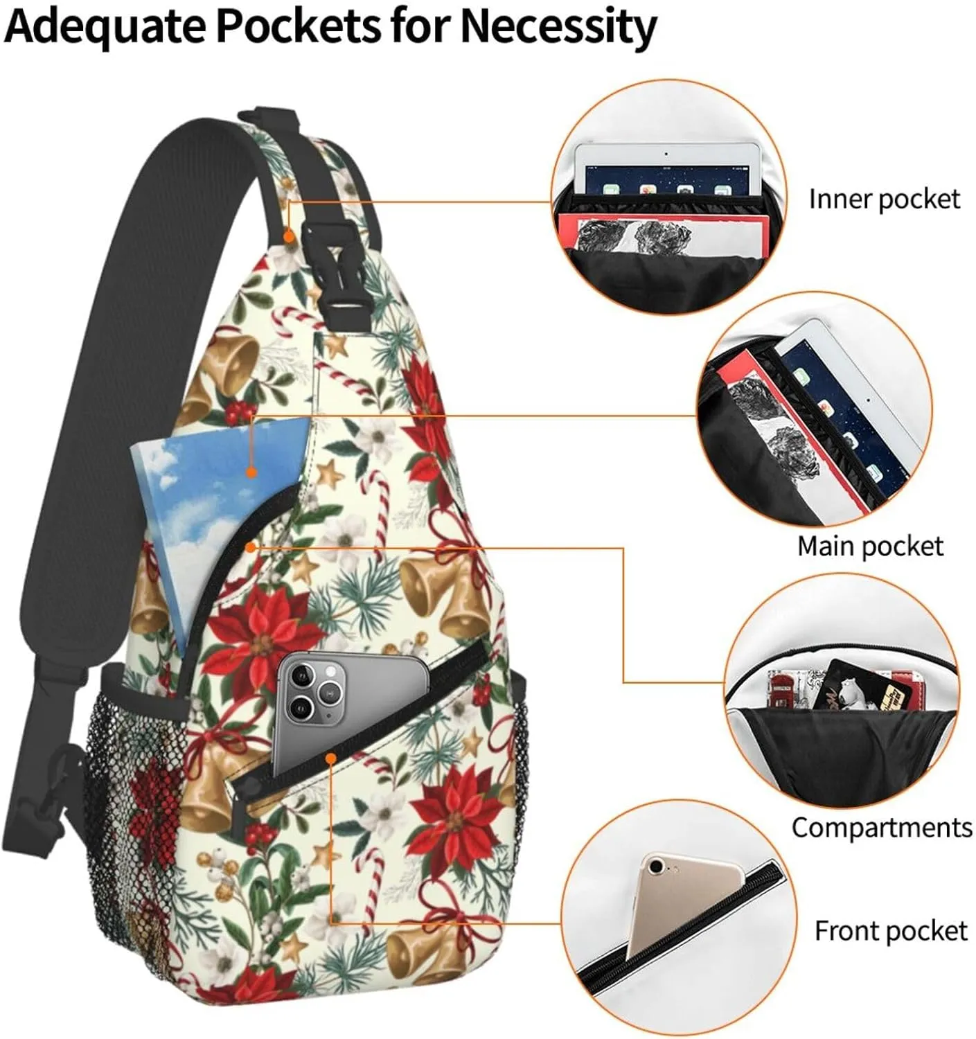 Christmas Flowers And Bells Sling Backpack Chest Bag Crossbody Shoulder Bag Gym Cycling Travel Hiking Daypack For Men Women