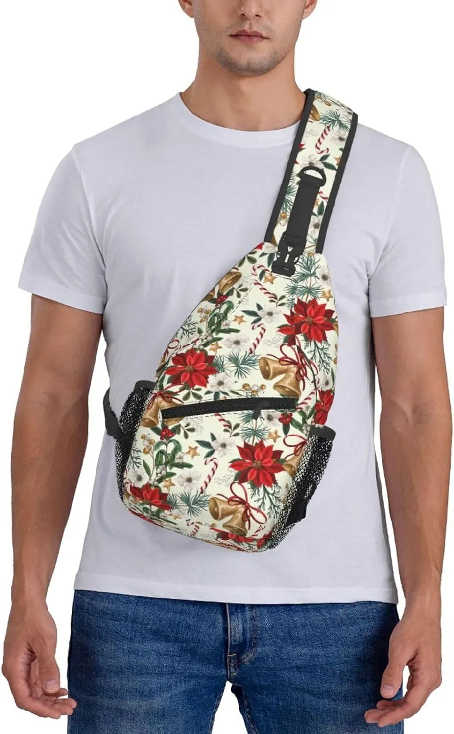 Christmas Flowers And Bells Sling Backpack Chest Bag Crossbody Shoulder Bag Gym Cycling Travel Hiking Daypack For Men Women