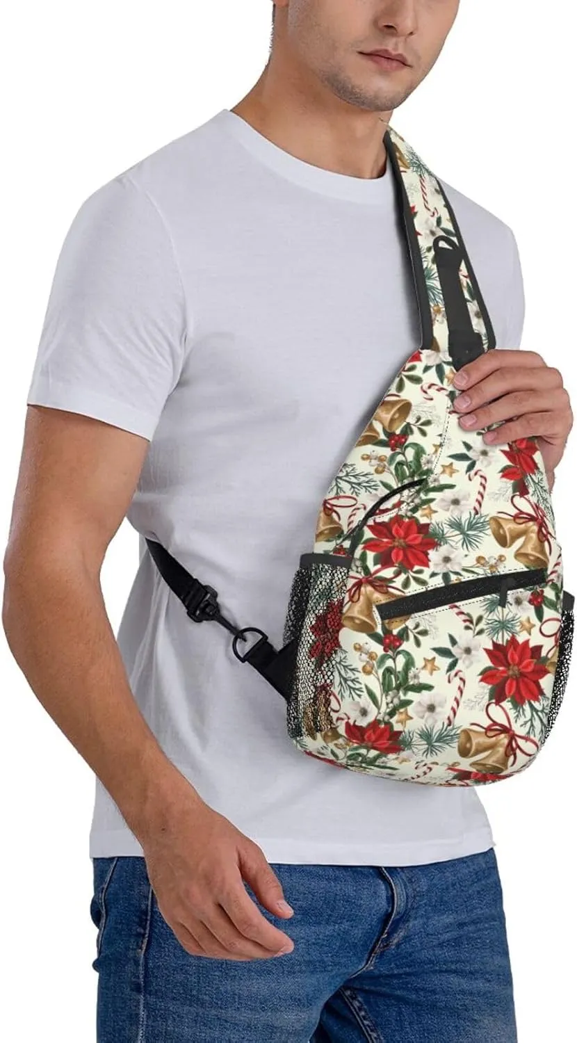 Christmas Flowers And Bells Sling Backpack Chest Bag Crossbody Shoulder Bag Gym Cycling Travel Hiking Daypack For Men Women