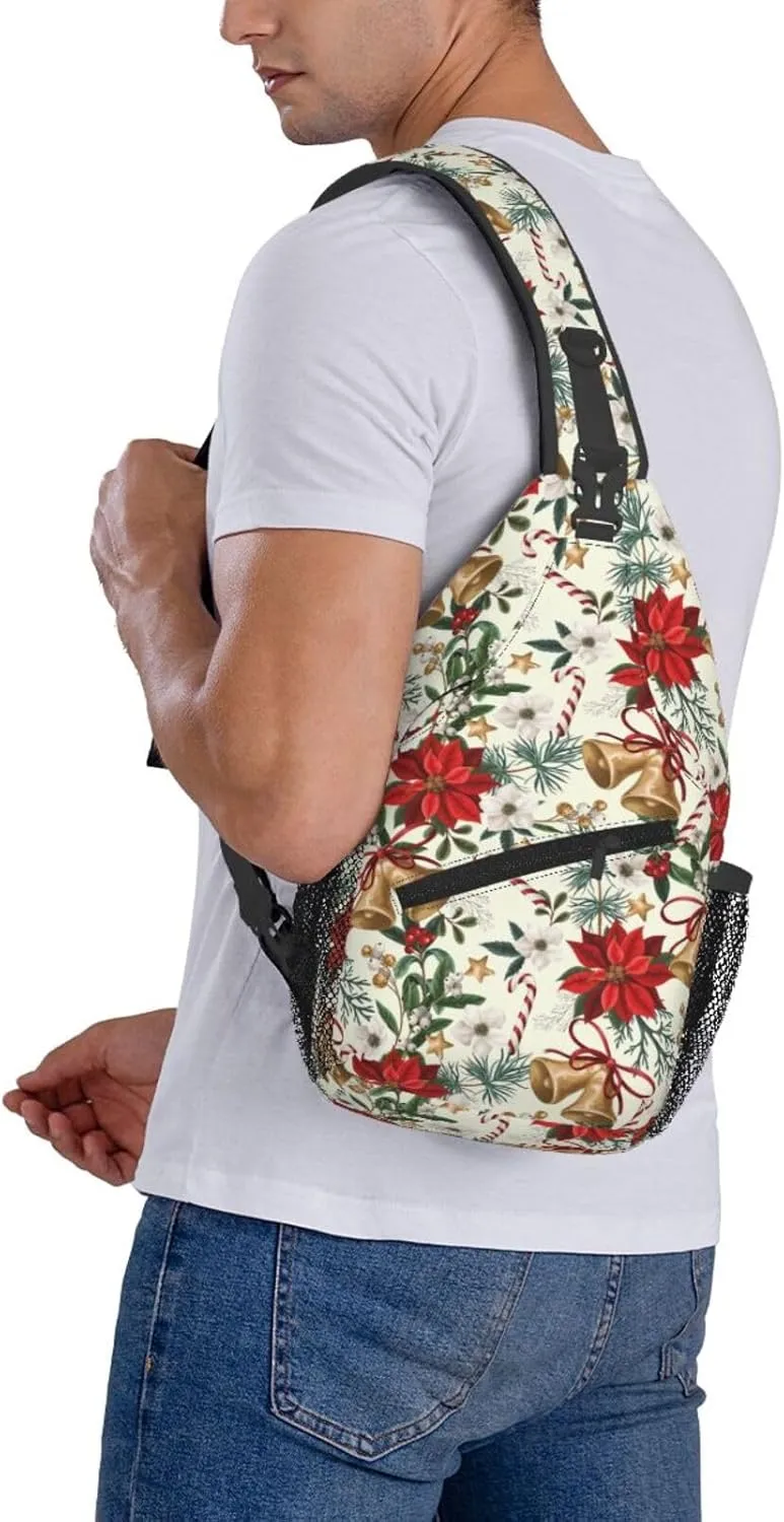 Christmas Flowers And Bells Sling Backpack Chest Bag Crossbody Shoulder Bag Gym Cycling Travel Hiking Daypack For Men Women