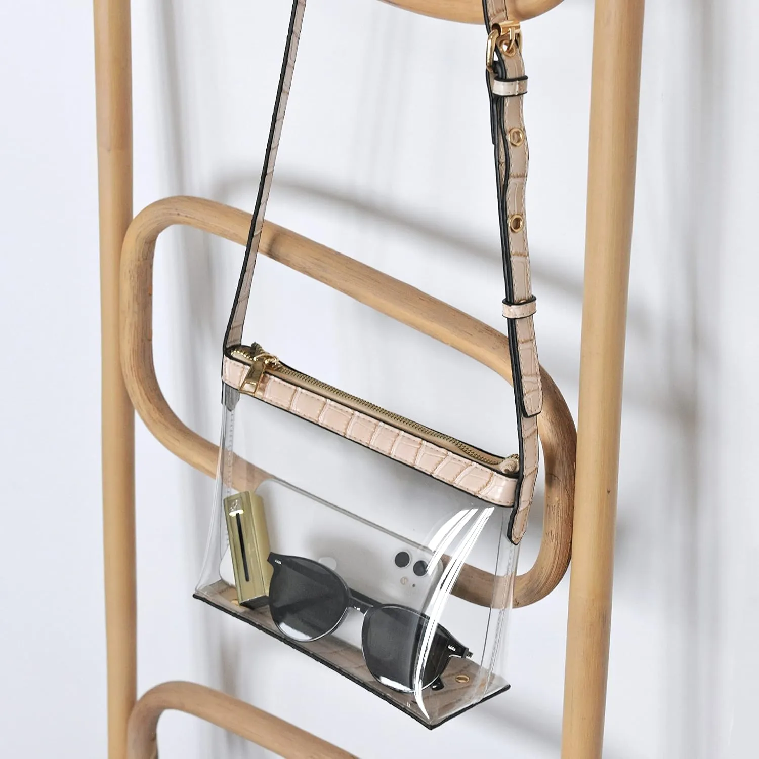 Clear Zipper Cross Body Bag with Vegan Leather Trim