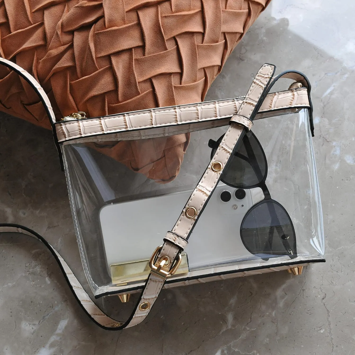 Clear Zipper Cross Body Bag with Vegan Leather Trim