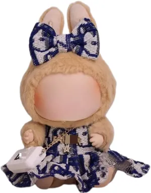 Clothes for Labubu 3-Piece Outfit Set - Blue Bow Hair Clip,Dress & White Crossbody Bag,Elegant for 17cm Dolls(No Doll) (Blue)