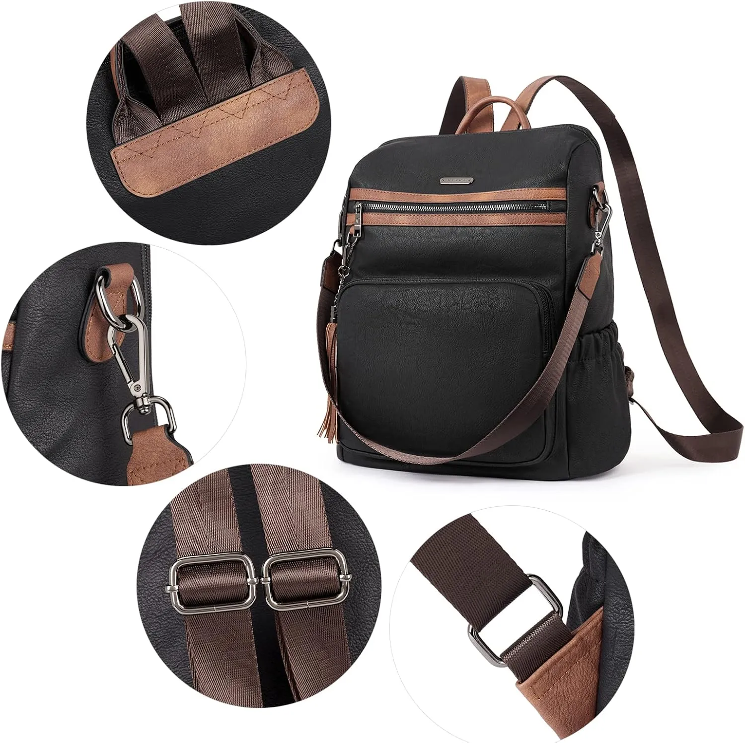 CLUCI Backpack Purse for Women Fashion Leather Designer Travel Large Ladies Shoulder Bags with Tassel Oil Wax Black