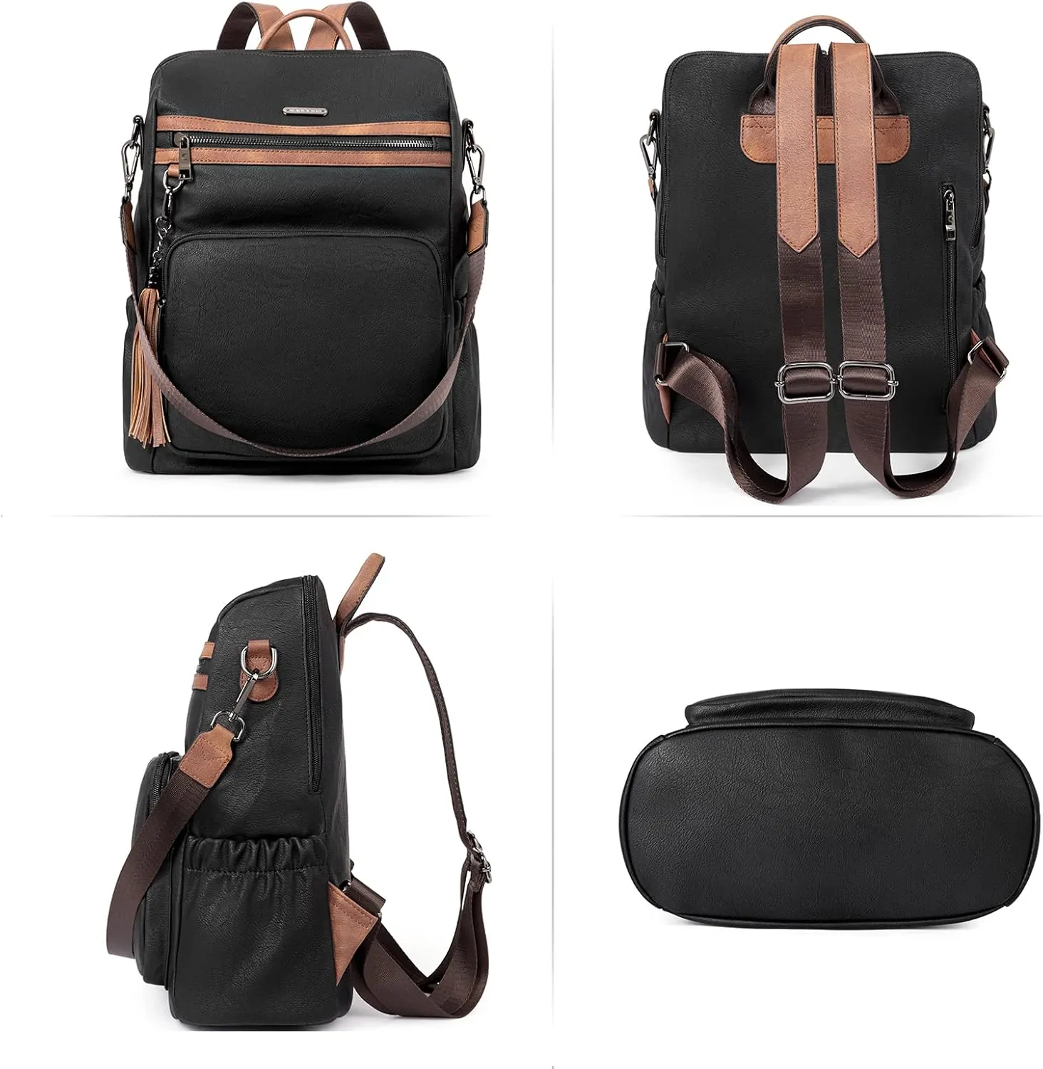 CLUCI Backpack Purse for Women Fashion Leather Designer Travel Large Ladies Shoulder Bags with Tassel Oil Wax Black