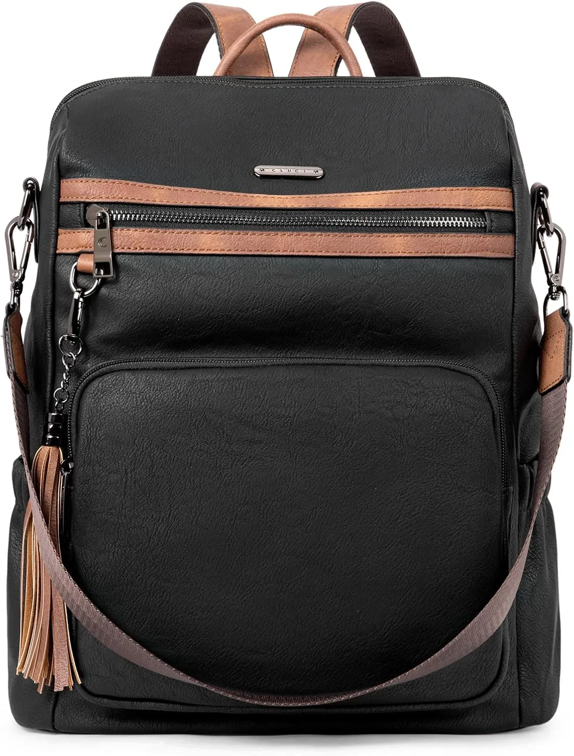 CLUCI Backpack Purse for Women Fashion Leather Designer Travel Large Ladies Shoulder Bags with Tassel Oil Wax Black