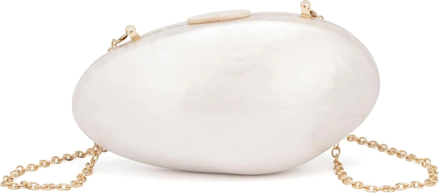 Clutch Bag for Women Acrylic Shell Purse Pearlescent Nude Clutch Evening Bag Wedding Prom Party Crossbody Bag with Detachable Chain Strap
