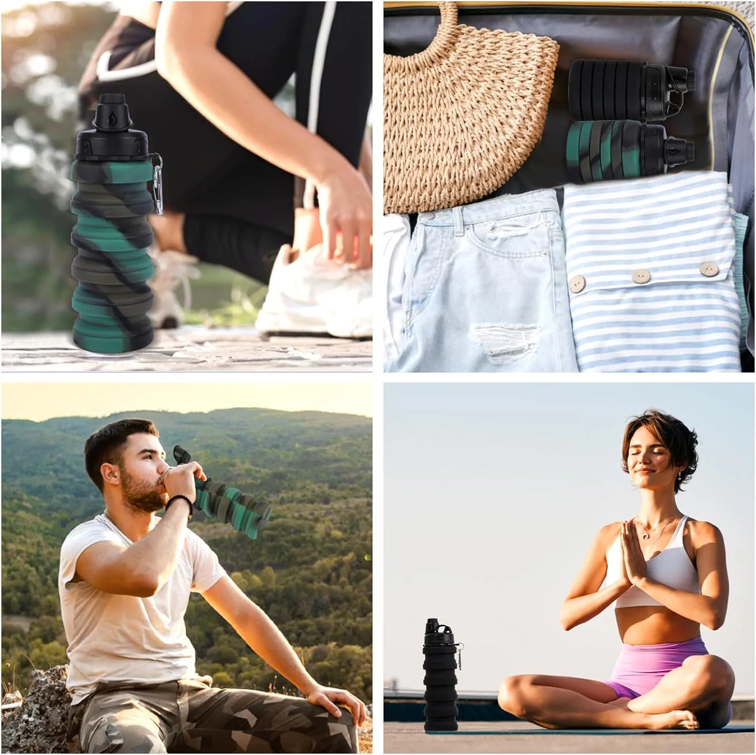 Collapsible Water Bottle for Adults, Boys, Students, Kids, Reusable Silicone Foldable Water Bottles for Travel Camping Hiking Sports,Leak-Proof Portable Sports Water Bottle (Camouflage & Black)