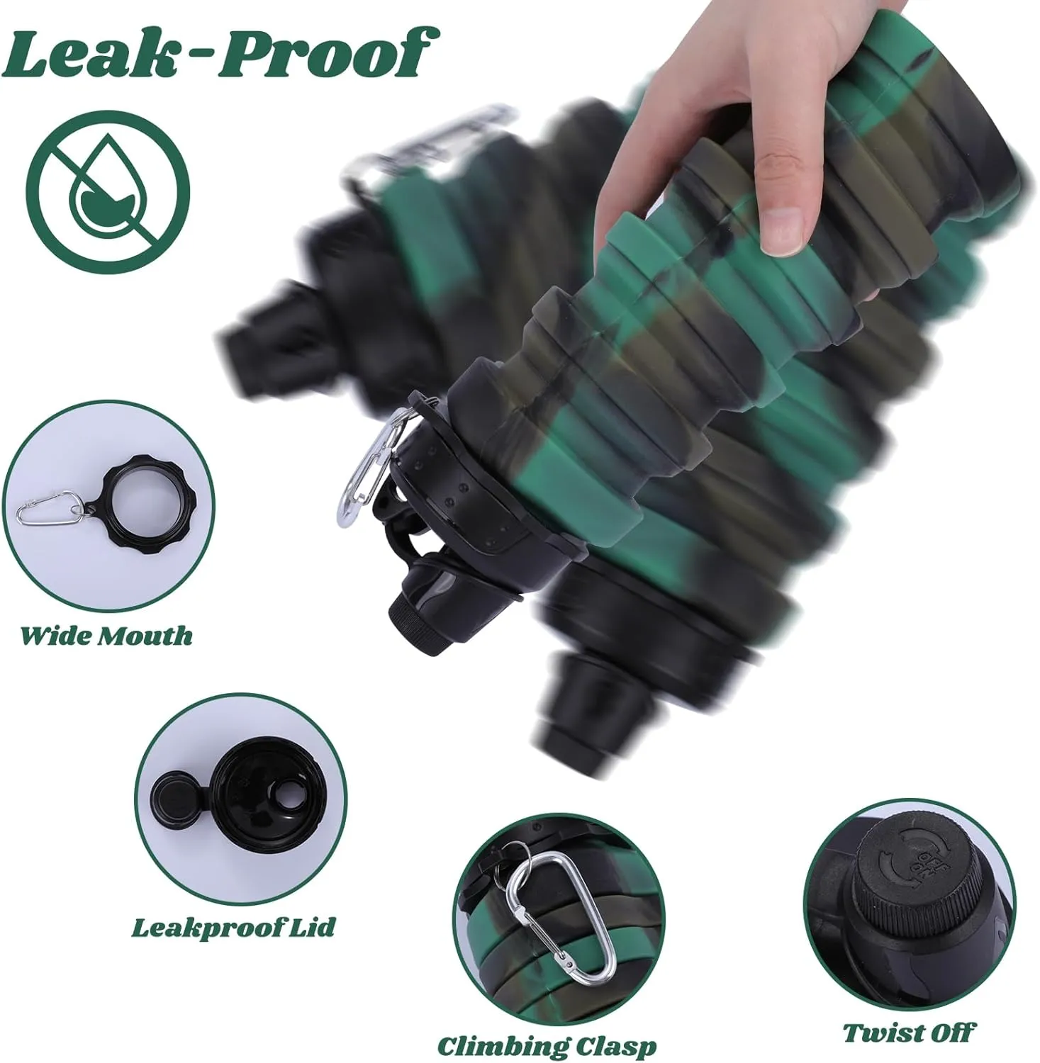 Collapsible Water Bottle for Adults, Boys, Students, Kids, Reusable Silicone Foldable Water Bottles for Travel Camping Hiking Sports,Leak-Proof Portable Sports Water Bottle (Camouflage & Black)