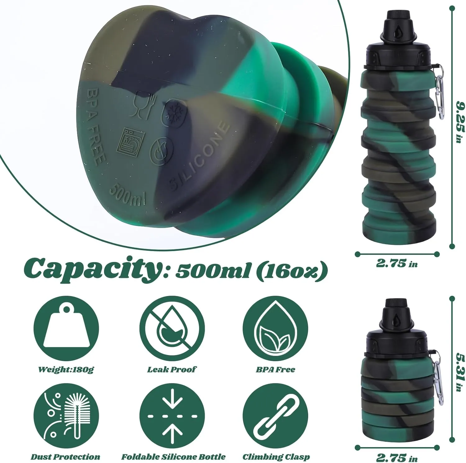 Collapsible Water Bottle for Adults, Boys, Students, Kids, Reusable Silicone Foldable Water Bottles for Travel Camping Hiking Sports,Leak-Proof Portable Sports Water Bottle (Camouflage & Black)