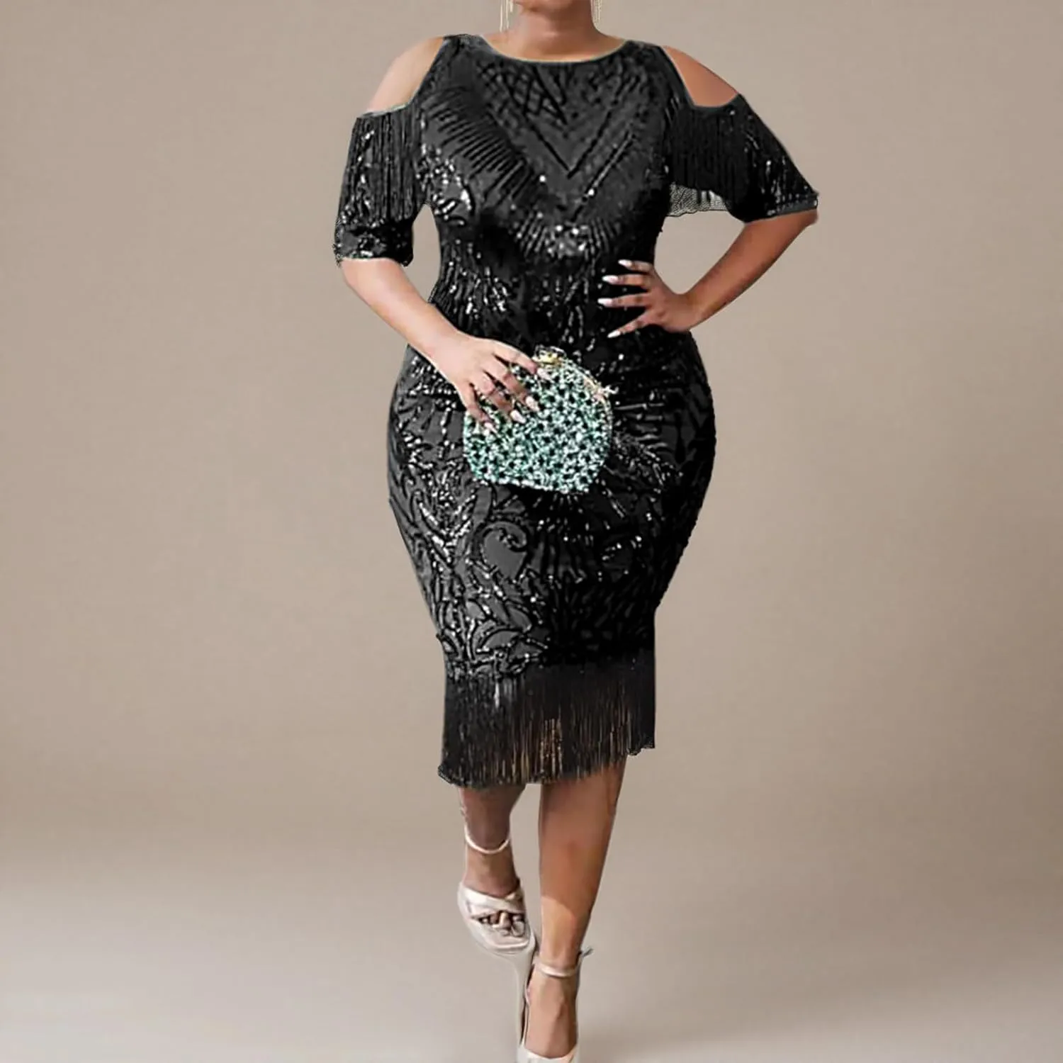 Cololura Elegant Women Sequin Short Sleeve Tassel Bodycon Midi Dress Party Evening Gown Formal Dress